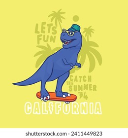 Catch the summer.Skater dinosaur. Dinosaur,skateboard, palm tree vector print. Fun t-shirt design for kids.Cute Dinosaur character design.