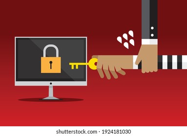 Catch thieves stealing information from computer, Vector illustration in flat style