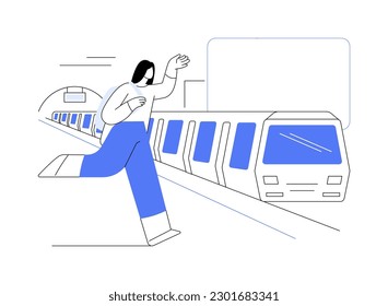 Catch the train abstract concept vector illustration. Smiling woman catching the train, urban transportation services, passengers trip in public transport, travelling time abstract metaphor.