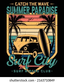 Catch the wave summer paradise surf city surf riders club t-shirt design | Vintage surfing t-shirt design