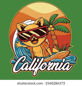 Catch the wave with this cheerful illustration of a happy cat surfing in California! Perfect for cat lovers, beach enthusiasts, and fun summer-themed decor!