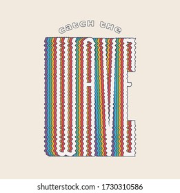Catch the wave. Vintage styled lettering with rainbow shadow. Summer surfing themed vector illustration for poster or t-shirt or sticker design. 