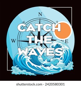 Catch the Waves V2 - Fresh colors and minimalist artwork style. Editable and printable design for t-shirts, mugs, graphic tee, sweatshirt, cases, etc.