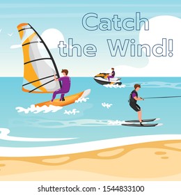 Catch the wind social media post mockup. Extreme water sport. Inspirational web banner design template. Social media booster, content layout. Motivational poster, print ads with flat illustrations