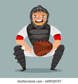 Catcher baseball player. Cartoon character of a man in mask, glove, helmet and sportswear. Vector illustration isolated on white background.