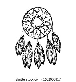 catcher of dreams drawn by hand in retro style, black on white background, vector image