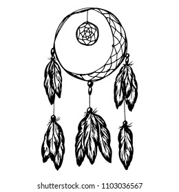 catcher of dreams drawn by hand in retro style, black on white background, vector image