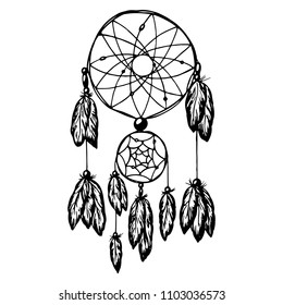 catcher of dreams drawn by hand in retro style, black on white background, vector image