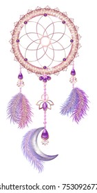 Catcher dreams with a half moon, peacock feathers with jewels and ornament