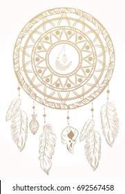 Catcher dreams with patterns, feathers, skull bird, threads, beads. Mehendi. Boho.