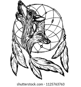 catcher dreams wild animals, fox and wolf, hand-drawn, style realism, vector illustration, white background