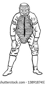 A catcher has covered his head in a baseball game so that the ball cannot hit his head, vintage line drawing or engraving illustration.