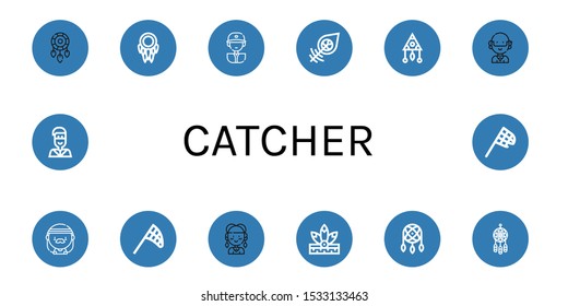 catcher icon set. Collection of Dreamcatcher, Baseball player, Hippie, Butterfly net, Native american icons