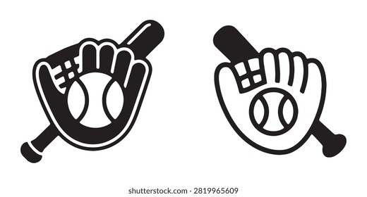 Catcher mitt holding ball with bat in background, two style variations of baseball gear icons, sports mascot.