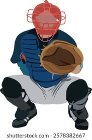 Catcher squatting behind home plate. Young man wearing gear and uniform. Baseball player in action, isolated on transparent background