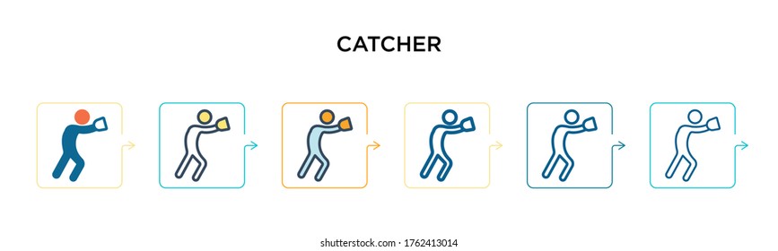 Catcher vector icon in 6 different modern styles. Black, two colored catcher icons designed in filled, outline, line and stroke style. Vector illustration can be used for web, mobile, ui