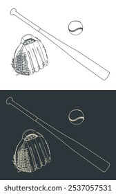 Catcher's mitt, ball and baseball bat. Baseball equipment set illustrations