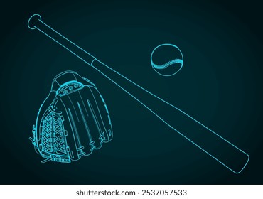 Catcher's mitt, ball and baseball bat. Baseball equipment set illustration