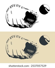 Catcher's mitt and a ball. Baseball equipment illustrations