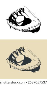 Catcher's mitt with ball. Baseball equipment illustrations