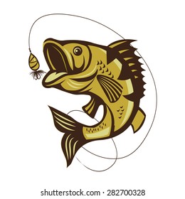 Catching Bass Fish Vector On A White Background. Fish Mascot Vector Illustration. Bass fishing logo isolated on white vector illustration.