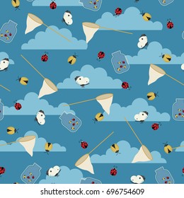 Catching beetles/bugs and butterflies. Seamless vector pattern/wallpaper. Fabric design for boys. 