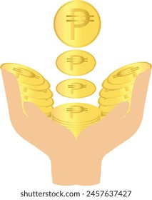 Catching bulk of Peso symbol coins on hands in gold color isolated on white background. Editable Peso money coin clipart vector eps available