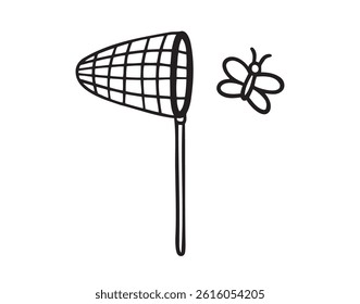 catching butterfly cartoon butterfly net icon doodle hand drawn. Outline line drawing clipart symbol. Vector illustration