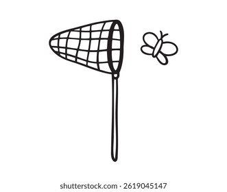 catching butterfly cartoon butterfly net icon doodle hand drawn. Outline line drawing clipart symbol. Vector illustration