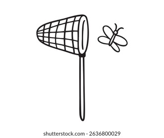catching butterfly cartoon butterfly net icon doodle hand drawn. Outline line drawing clipart symbol. Vector illustration
