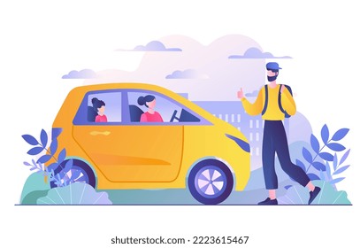 Catching car concept. Man on road with backpack trying to stop transport. Travel, trip and tourism, adventure. Vacation and holiday. Poster or banner for website. Cartoon flat vector illustration