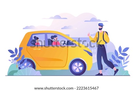 Catching car concept. Man on road with backpack trying to stop transport. Travel, trip and tourism, adventure. Vacation and holiday. Poster or banner for website. Cartoon flat vector illustration