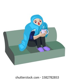 Catching cold, feel ill, feel sick. Man fell ill, he is taking temperature, and drinking tea.