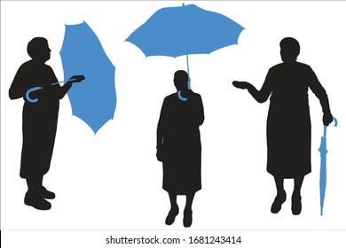 Catching drops with a hand. Umbrella is open and closed. Woman raised an umbrella above oneself. Vector illustration of a silhouette of a senior woman. Black silhouette isolated on a white background.