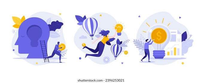 Catching effective ideas flat concept vector illustrations set. Find innovative solution for development cartoon composition. Insight protection design for website, mobile, presentation