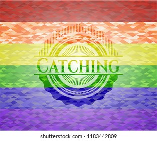 Catching emblem on mosaic background with the colors of the LGBT flag