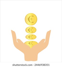 Catching Euro coins inline on hands in gold color isolated on white background. Editable Europe coin clipart vector eps available