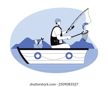 Catching fish with blue fishing net, semi outline style, vector illustration.