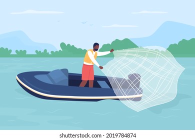 Catching fish with casting net flat color vector illustration. Sport fishing. Outdoor enthusiast. Using fish trap. Fisherman in motorboat 2D cartoon character with greenery on background