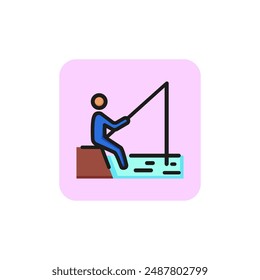 Catching fish on coast line icon. Person, river, lake, rod. Fishing concept. Vector illustration can be used for topics like alternative therapy, tranquility, sport