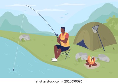 Fische in einem Teich mit flacher Vektorgrafik fangen. Angeln für riesige Regenbogenforelle. Entspannende Freizeitaktivitäten. Amateurangler-2D-Zeichentrickfigur mit Berglandschaft auf Hintergrund