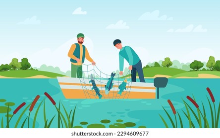 Catching fish sport and hobby from boat. Vector fishing, fisherman and hobby sport, catch in water illustration, river or lake vacation