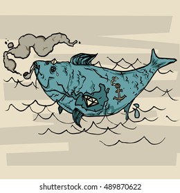 Catching Fish vector on a sea background. Vector illustration