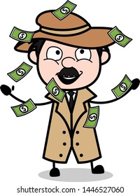 Catching Floating Money - Retro Cartoon Police Agent Detective Vector Illustration