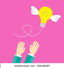 Catching The Flying Idea. Business man hand, light bulb with wings background in flat design. Concept for web design, infographic. Vector Illustration.