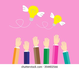 Catching The Flying Idea. Business man hands, light bulb with wings background in flat design. Concept for web design, infographic. Vector Illustration. 