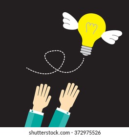 Catching The Flying Idea. Business man hands, light bulb with wings background in flat design. Concept for web design, infographic. Vector Illustration. 