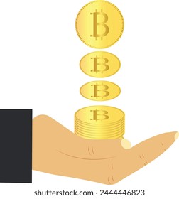 Catching gold color Bitcoin on hand inline isolated on white background. Editable clipart vector eps
