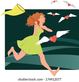 Catching hearts, looking for love. Vector illustration with a young woman with a butterfly net running after flying hearts