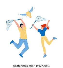 Catching Idea With Net Man And Woman People Vector. Boy And Girl Catch Idea Flying Lightbulb Together. Characters Businesspeople Holding Netting, Ideation Concept Flat Cartoon Illustration